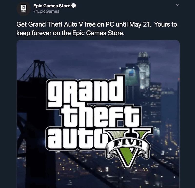 Hình ảnh công bố phát hành miễn phí GTA V trên Twitter của Epic Games