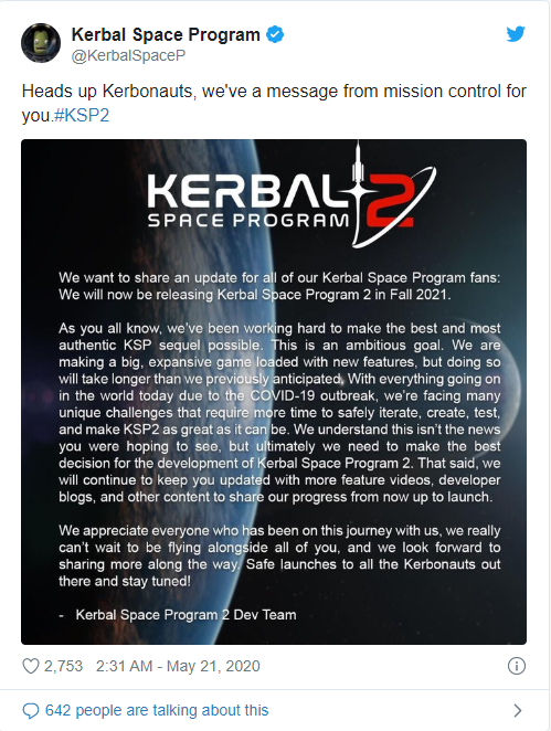 Dòng tweet thông báo hoãn phần 2 của Kerbal Space Program
