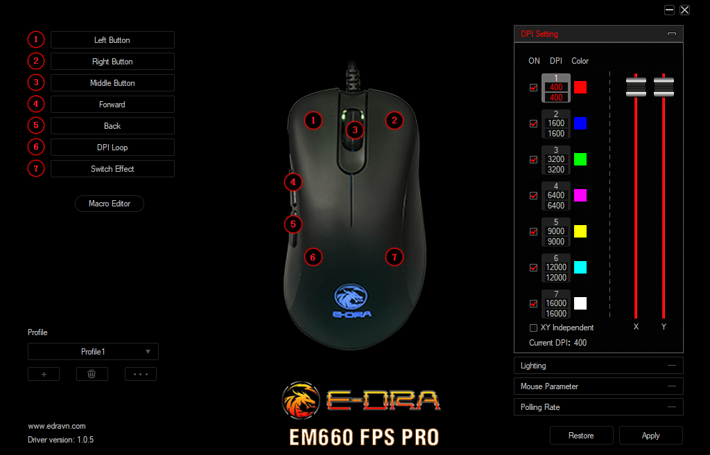 Phần mềm điều khiển của E-Dra EM660 FPS Pro