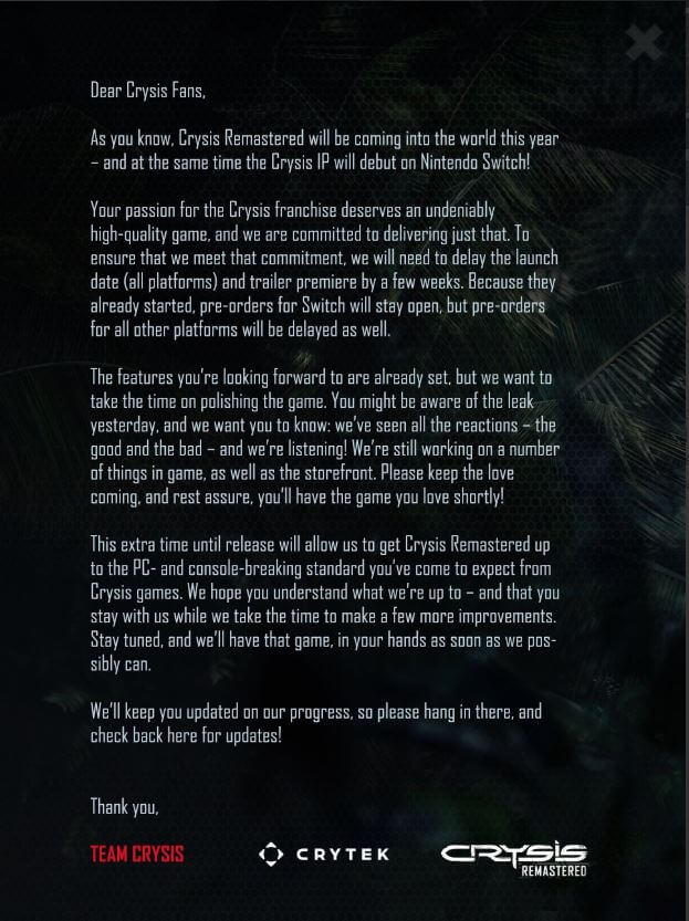 Crysis Remastered dời ngày phát hành để “nâng cấp” chất lượng đồ họa