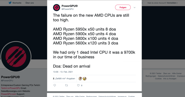 Tweet đã được rút lại của PowerGPU nói về việc Ryzen 5000 có tỷ lệ hỏng hóc rất cao