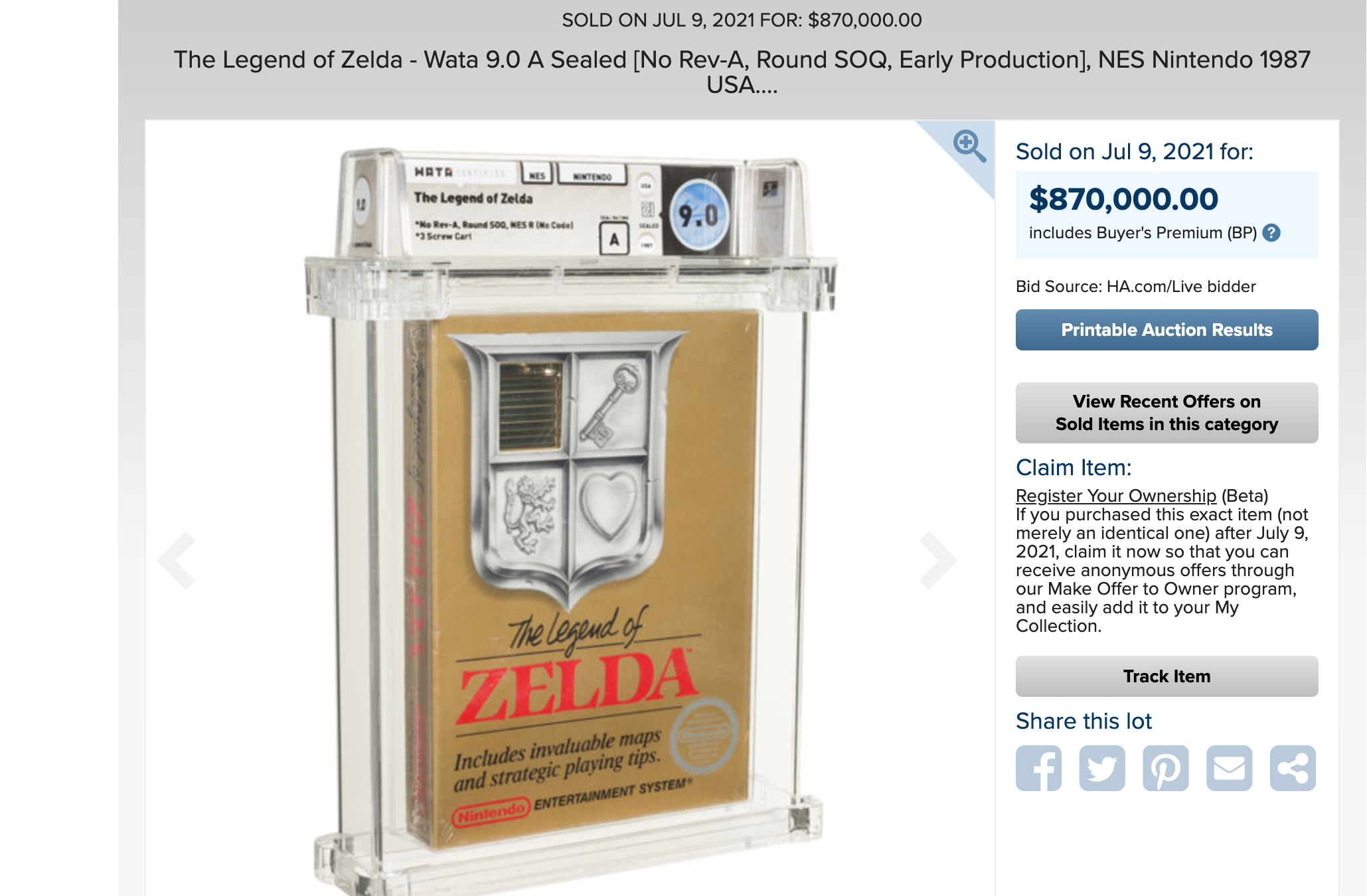 The Legend of Zeld nguyên SEAL được bán với mức giá kỷ lục