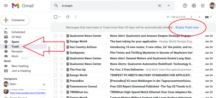 Các email bị xóa sẽ được Gmail chuyển vào Thùng rác