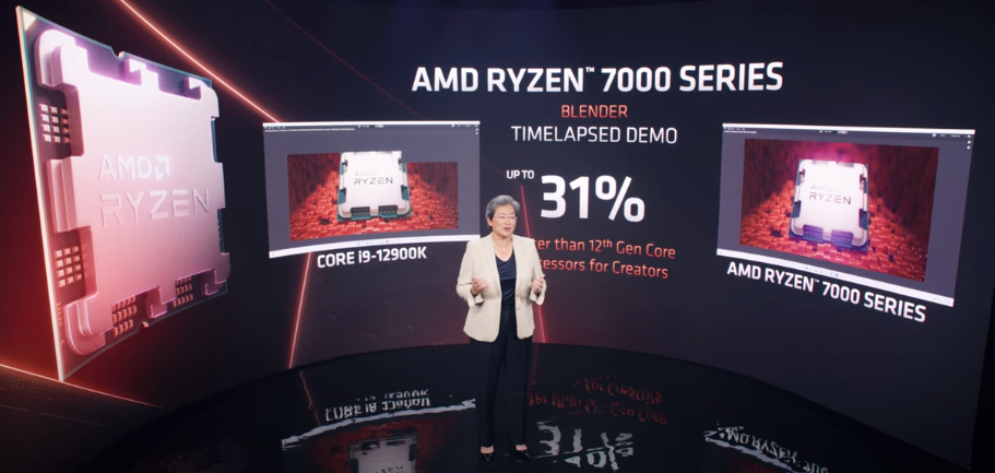 Ryzen 7000 Series đánh bại i9-12900k về thời gian Render, ảnh: Youtube AMD